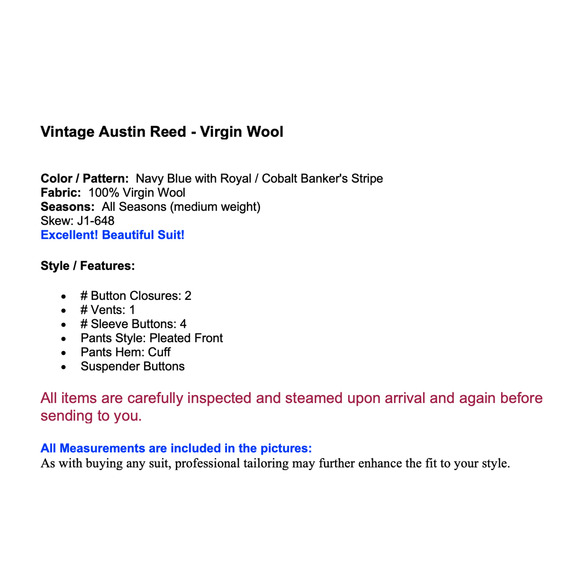 Vtg Austin Reed Mens 50L 43x29.5 Navy Blue Royal Cobalt Stripe Suit Virgin Wool - Picture 2 of 16